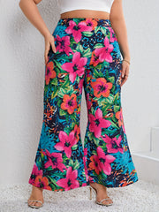 Boho Pants Women's Plus Floral Print Wide Leg Trousers
