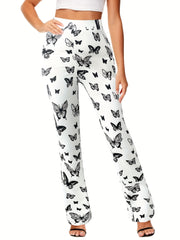 Butterfly Print Flare Leg Pants Casual Forbidden Pants