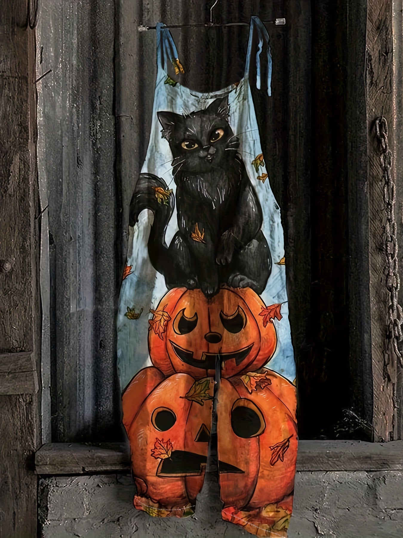 Halloween Jumpsuit Women's Plus Pumpkin & Cat Print Tie Shoulder Cami