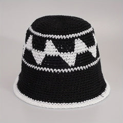 Vintage Plaid Crochet Bucket Hat Classic Basin Hat Casual Breathable Cloche Hats