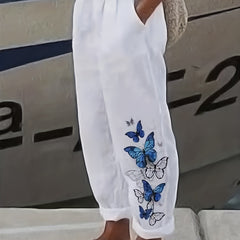 Butterfly Print Elastic Waist Pants Casual Loose Pants