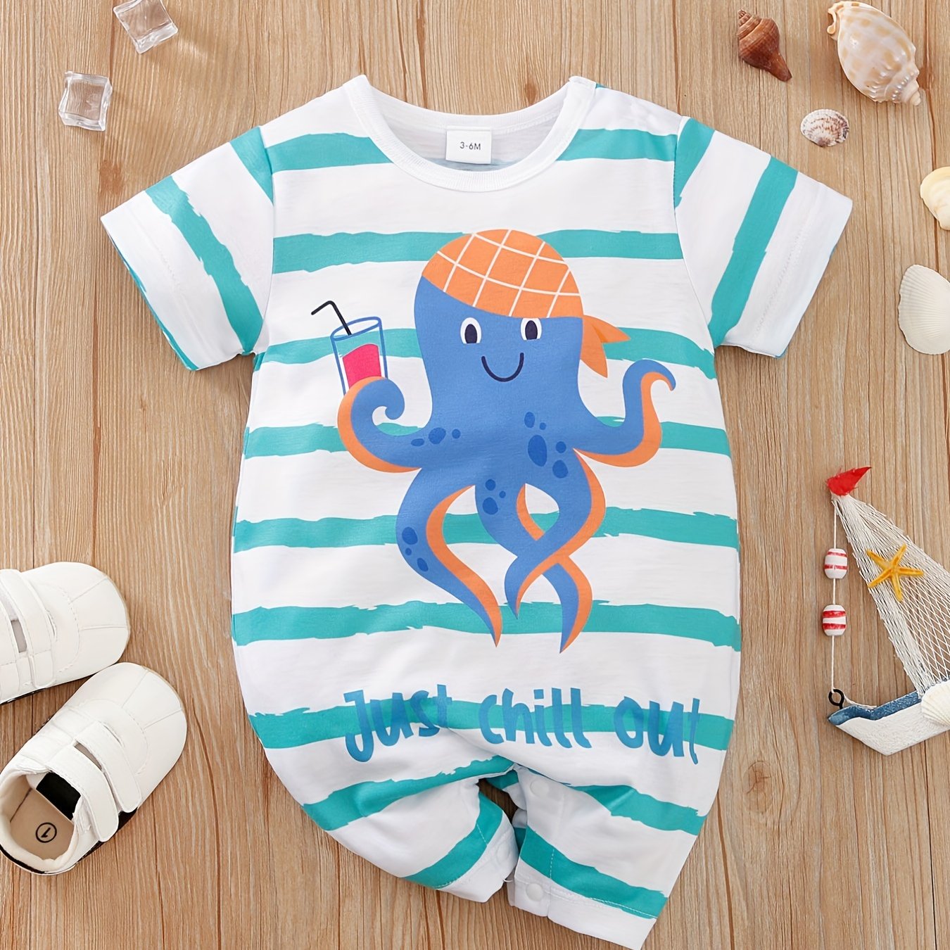 Octopus Graphic Print Short Sleeve Romper Jumpsuit for Baby Boys and Girls