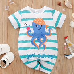 Octopus Graphic Print Short Sleeve Romper Jumpsuit for Baby Boys and Girls