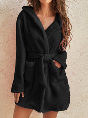 Cozy Fuzzy Hooded Robe with Belt & Pockets