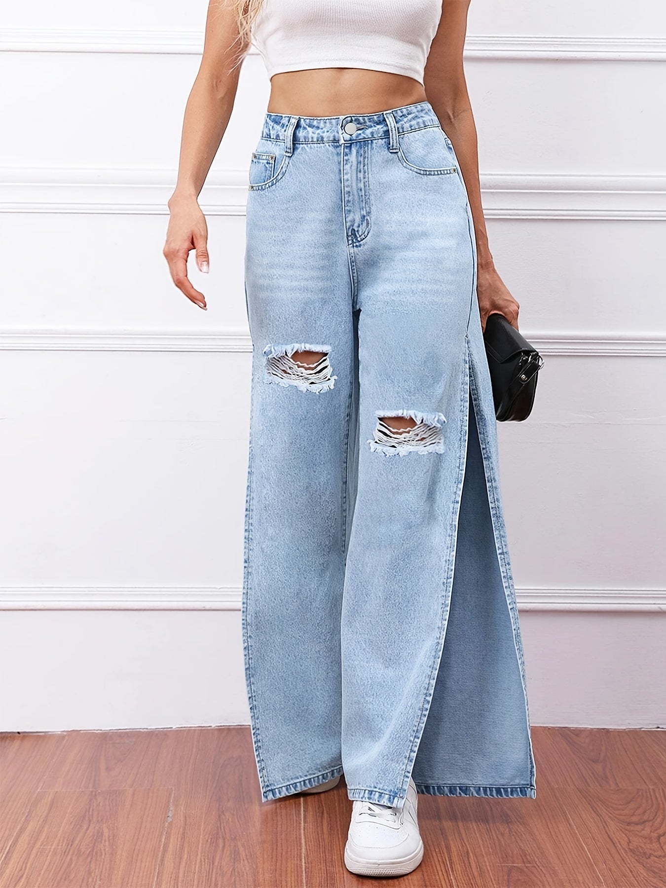 High Waist Distressed Split Jeans Slash Pockets