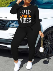 2 Piece Set Women's Letter & Leaf Print Top & Leggings