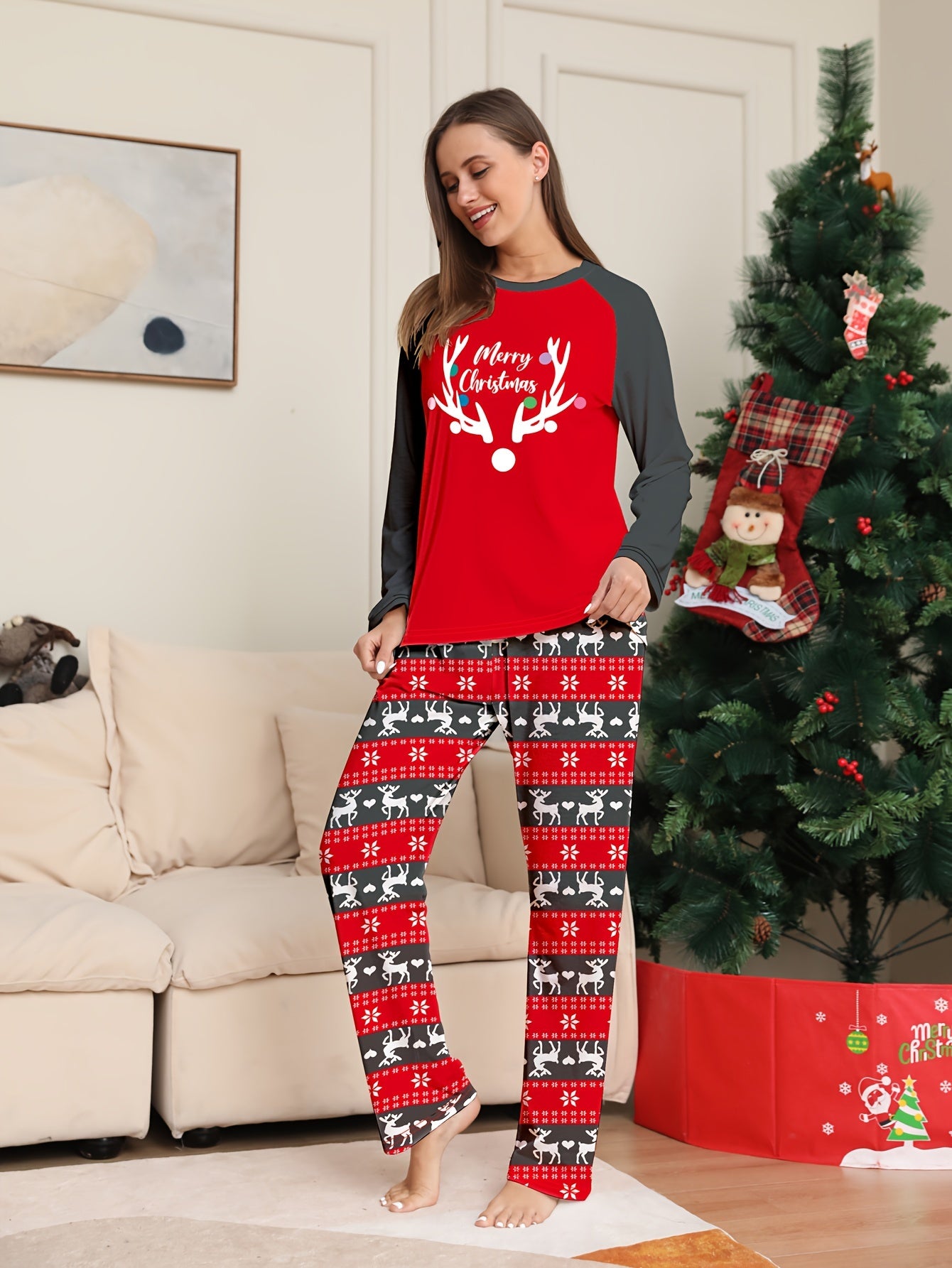Christmas Elk Print Pajama Set Long Sleeve Top & Pants