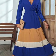 Women's Plus Colorblock Flounce Sleeve V Neck Maxi Dress