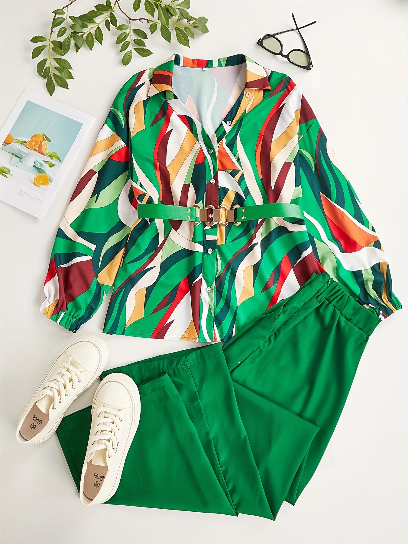 Geo Print Button Front Blouse & Solid Wide Leg Pants Set