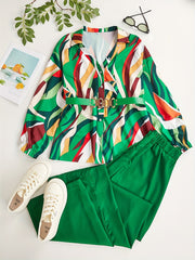 Geo Print Button Front Blouse & Solid Wide Leg Pants Set