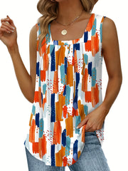 Colorful Print Square Neck Tank Top Sleeveless Summer Top