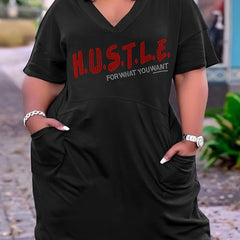 Casual Tee Dress Women's Plus Rhinestone Letter Short Sleeve