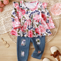 2pcs Baby Girls Forest Animal Print Top Ripped Patched Jeans Set