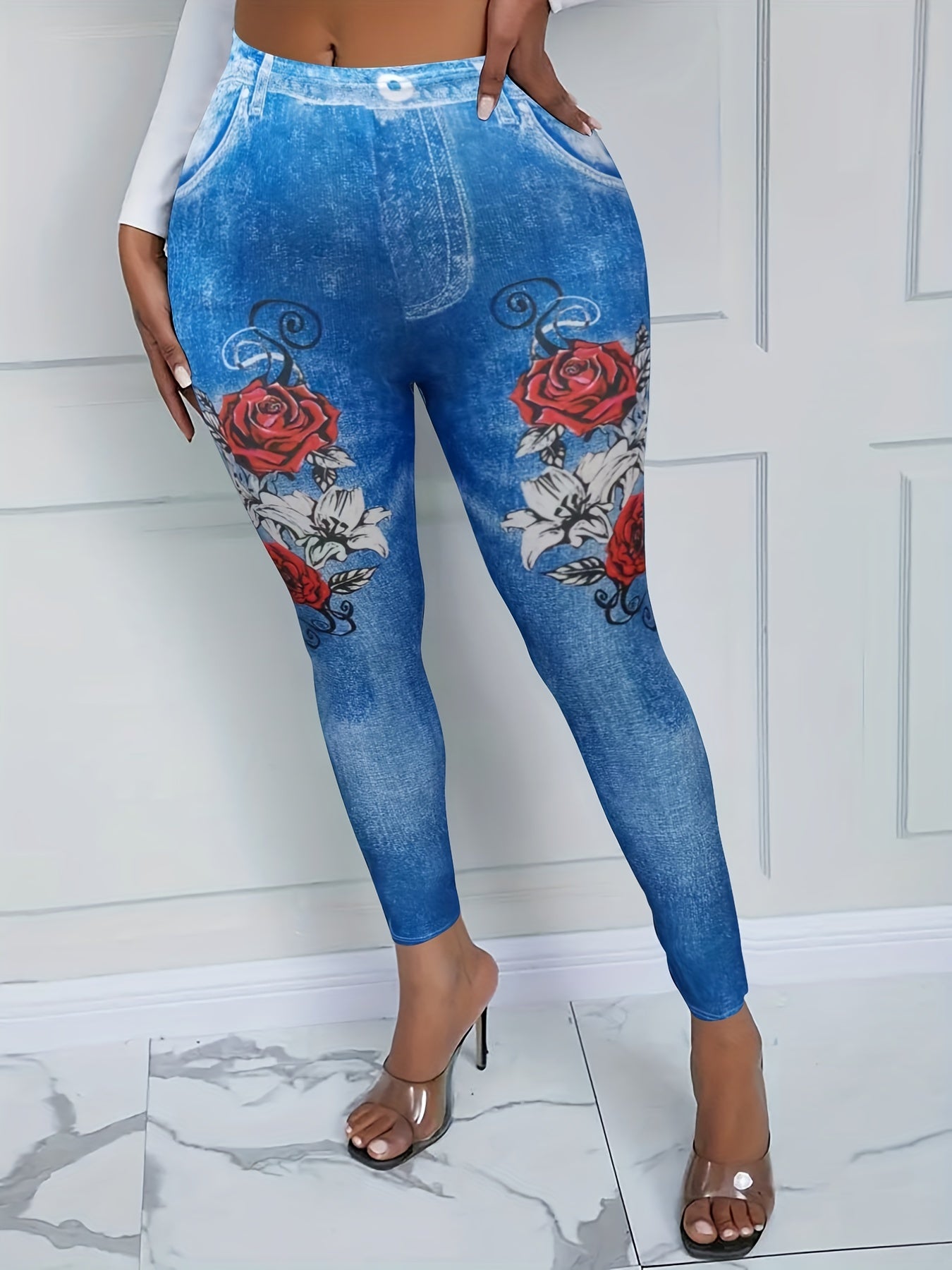 Floral & Denim Print Skinny Leggings Long Length Casual Pants Women's Clothing