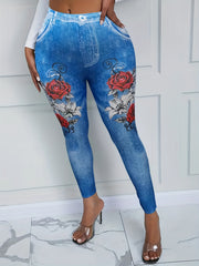Floral & Denim Print Skinny Leggings Long Length Casual Pants Women's Clothing
