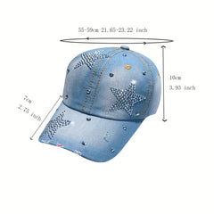 Distressed Rhinestone Star Denim Baseball Cap Adjustable Sun Hat
