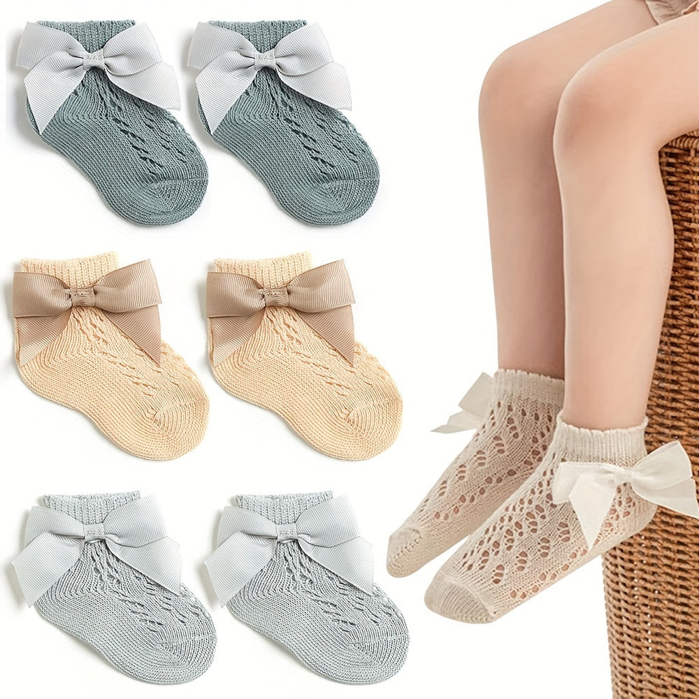 3 Pairs Baby Girls Lace Ruffled Ankle Socks Bow Decor Cotton Non slip Socks