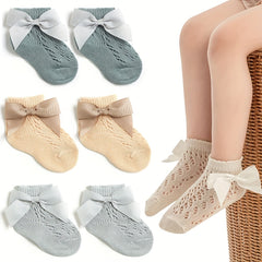 3 Pairs Baby Girls Lace Ruffled Ankle Socks Bow Decor Cotton Non slip Socks