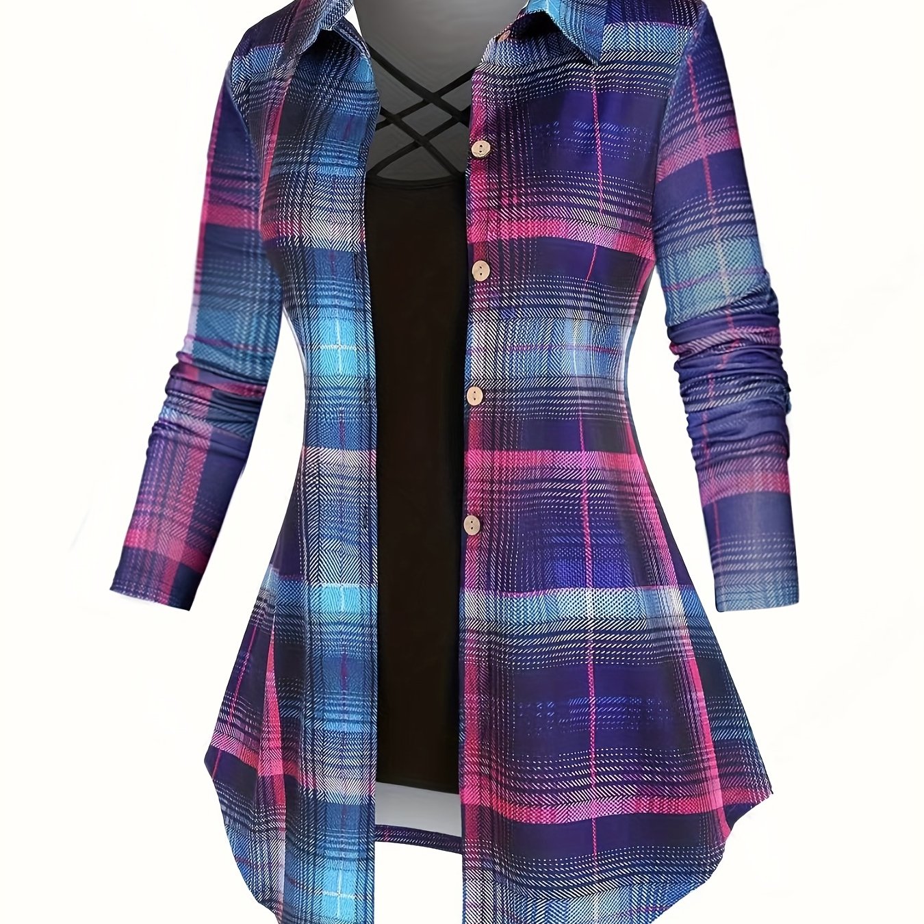 Plaid Button Up Blouse & Cami Top Outfit Set
