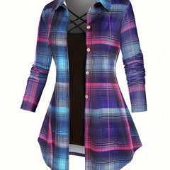 Plaid Button Up Blouse & Cami Top Outfit Set