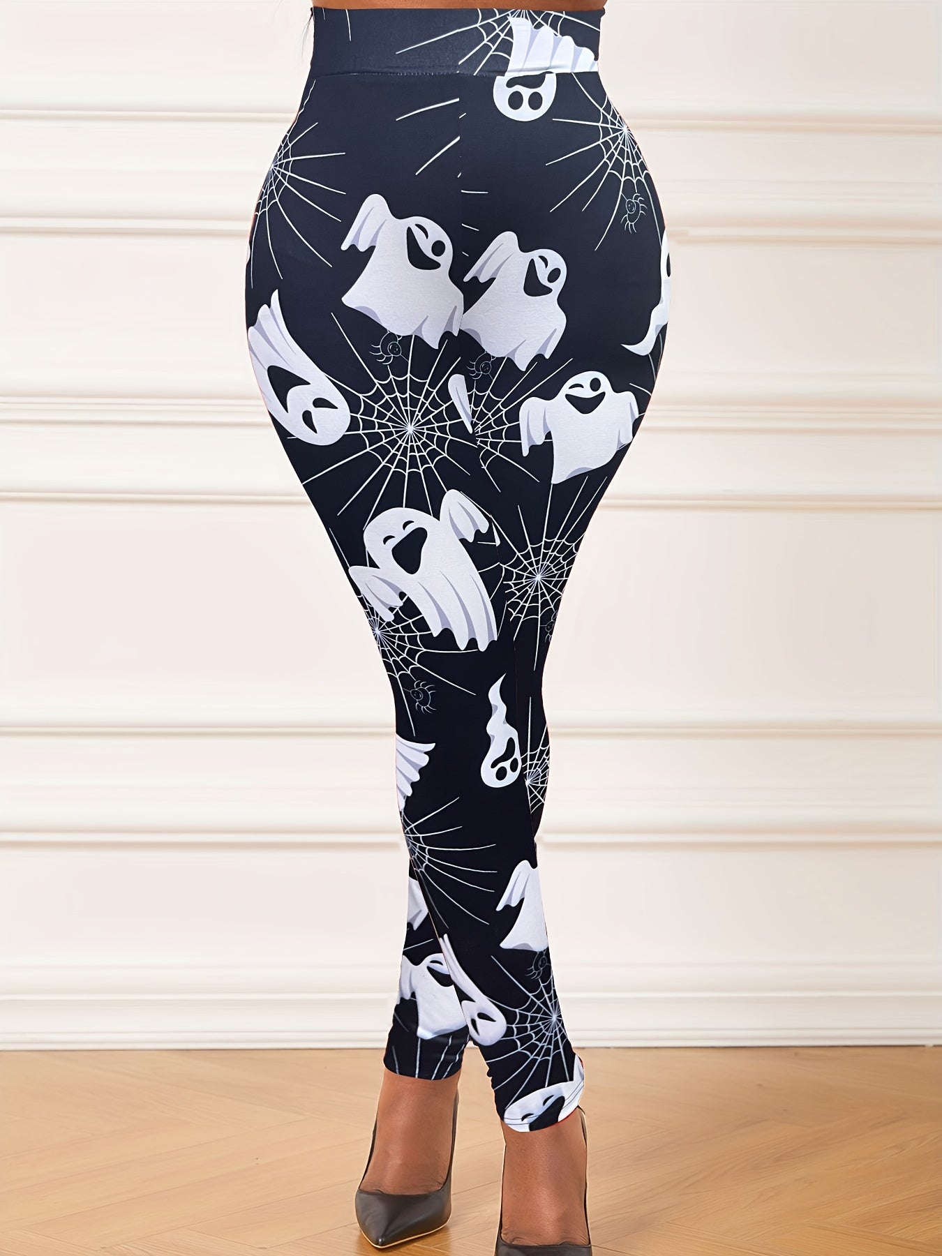 Halloween Leggings Women's Plus Ghost & Spider Web Print Leggings