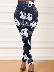 Halloween Leggings Women's Plus Ghost & Spider Web Print Leggings