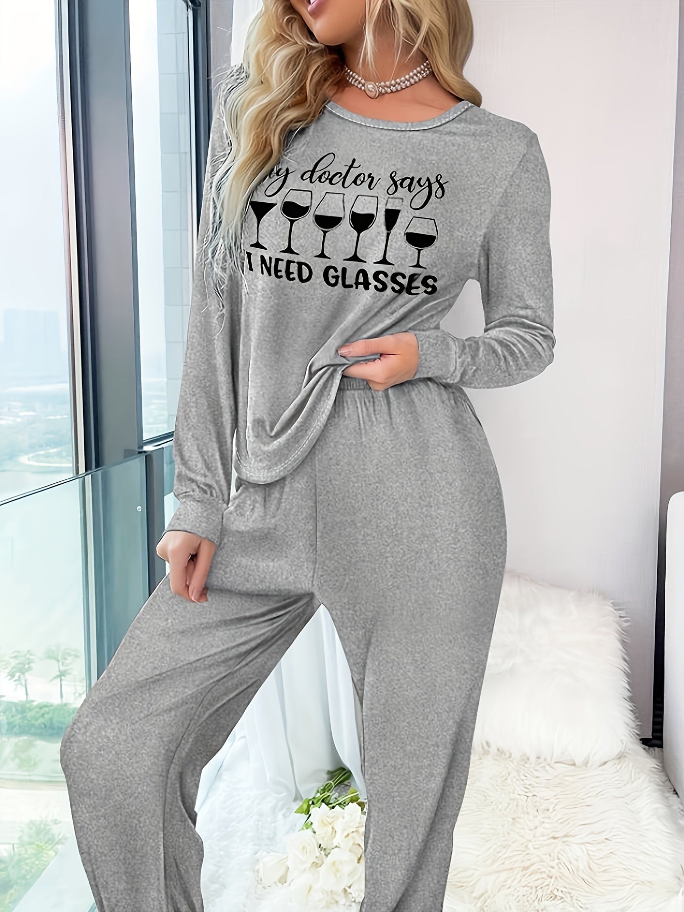 Letter Print Lounge Set Crew Neck Top & Pants Women's Sleepwear