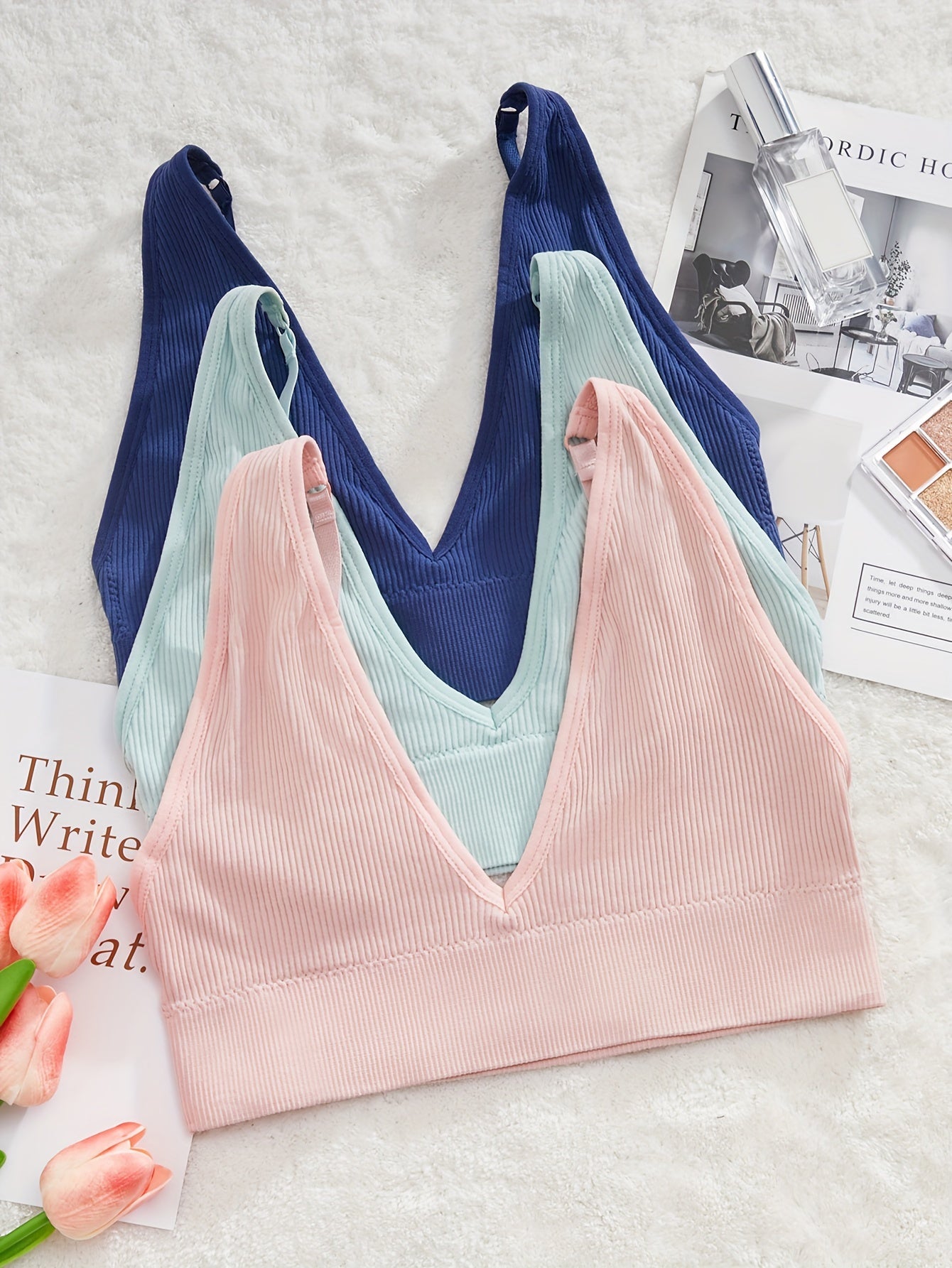 3pcs Ribbed Wireless Bra Soft Intimates Women's Lingerie