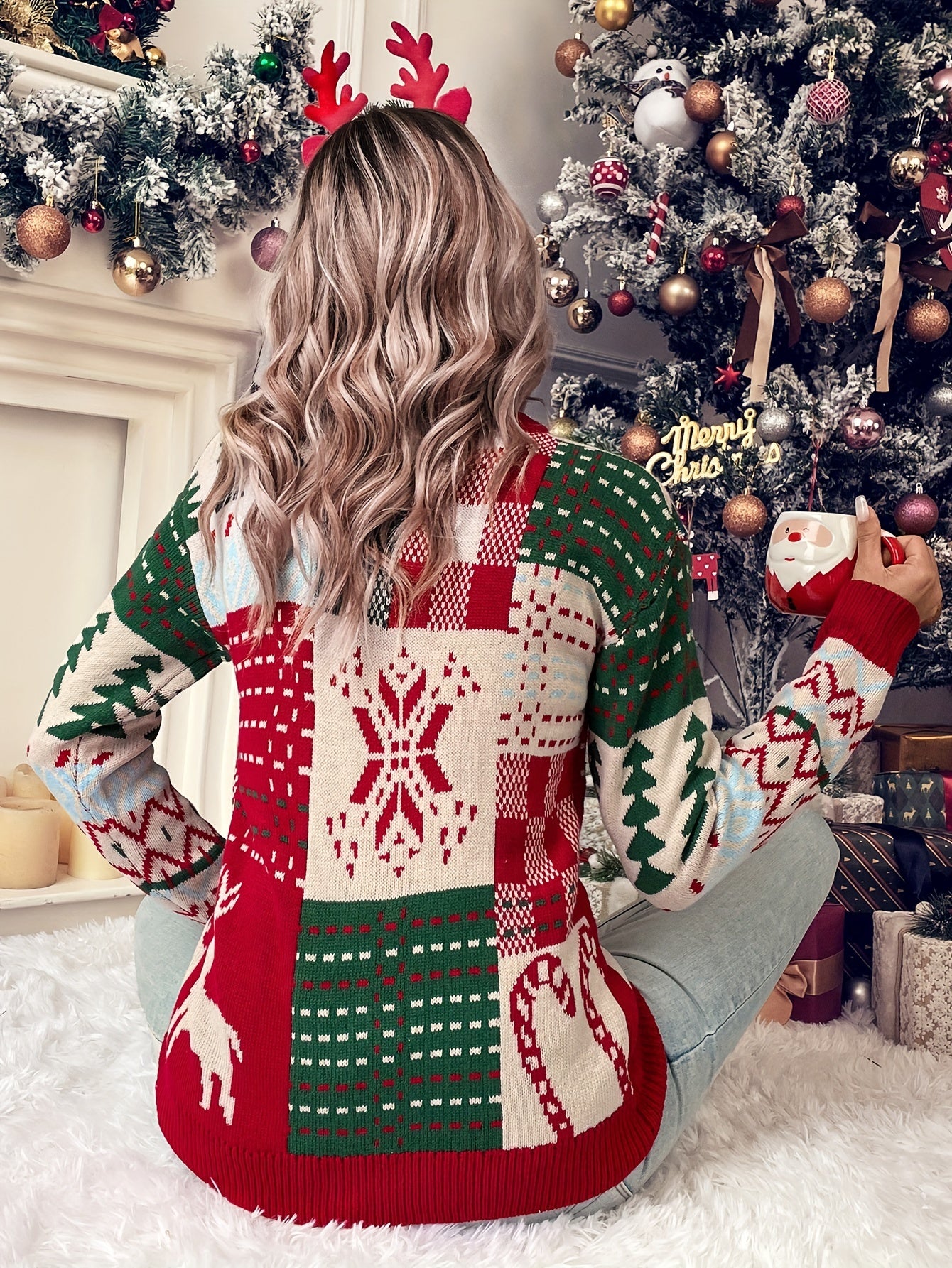 Christmas Pattern Knit Sweater Casual Crew Neck Long Sleeve Sweater