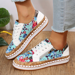 Women's Floral Print Flat Sneakers Lace Up Zipper Outdoor Shoes