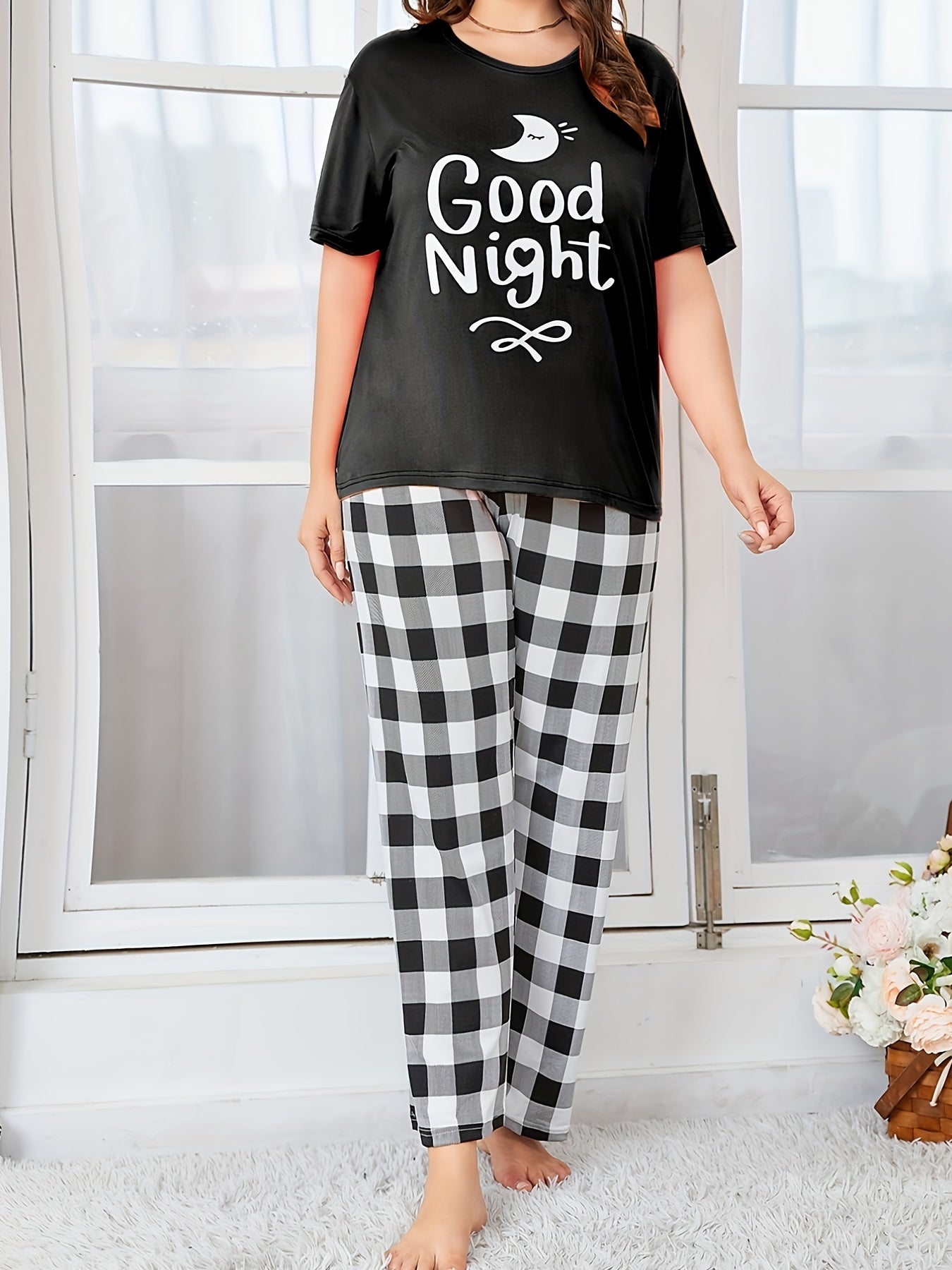 Letter Print Pajamas Set Short Sleeve Top & Plaid Pants