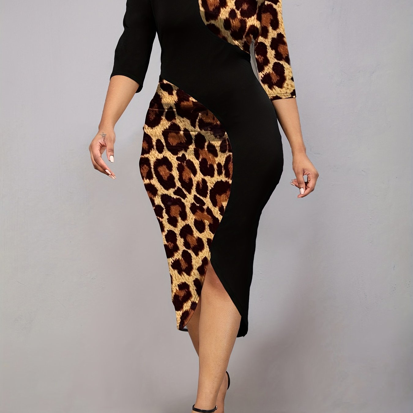 Leopard Splicing Dress Keyhole 3/4 Sleeve Pencil Dress