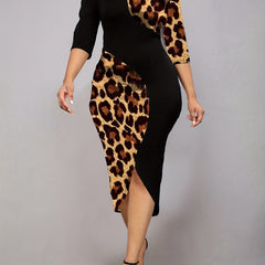 Leopard Splicing Dress Keyhole 3/4 Sleeve Pencil Dress