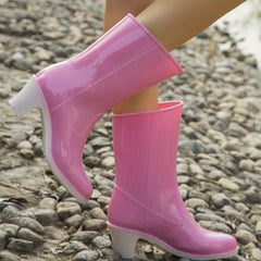Women's Pink Rain Boots Slip On Chunky Heel Waterproof & Comfortable