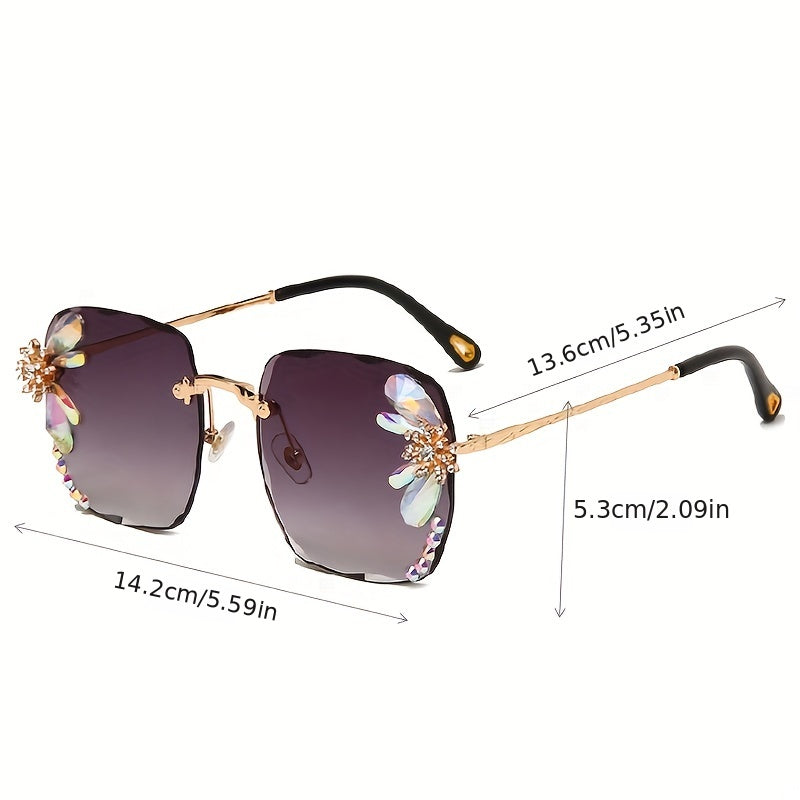 Square Rhinestone Sunglasses Gradient Rimless UV400