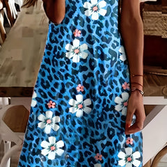 Leopard & Floral Print Short Sleeve V Neck Dress