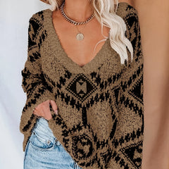 Geometric Print Sweater V Neck Long Sleeve Jumper