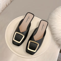 Square Buckle Flat Mule Slippers Block Heel Boots