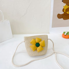 Girls Casual Braided Straw Bag With Flower Decoration Shoulder Bag