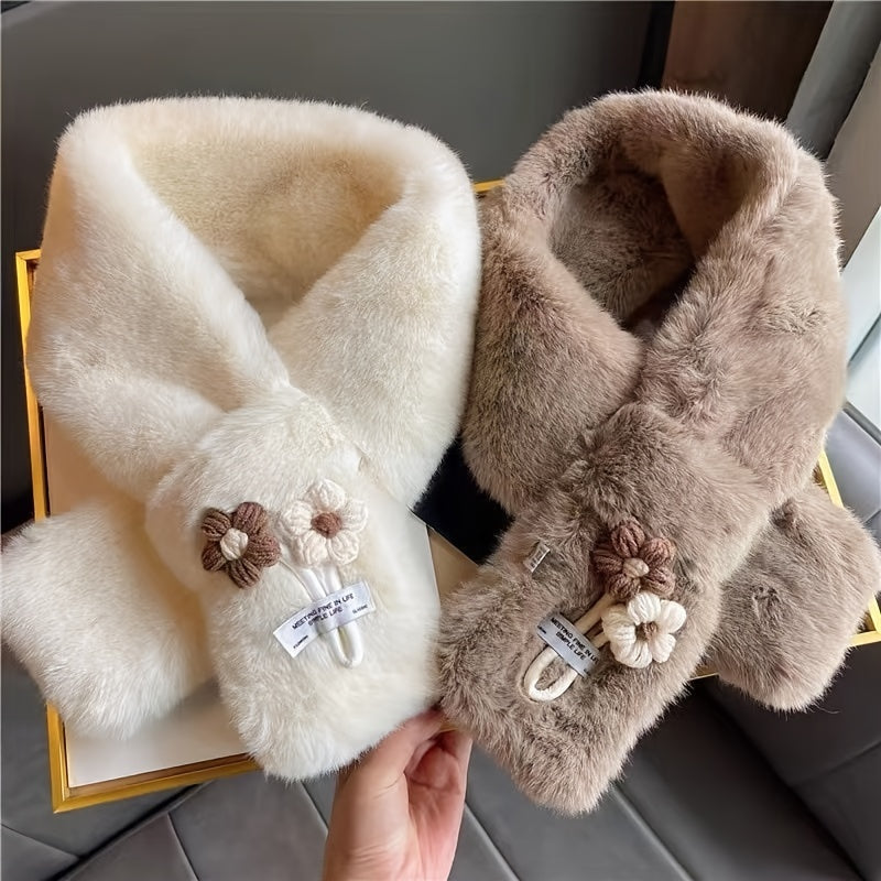 Flower Pendant Faux Rabbit Fur Plush Winter Scarf