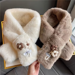 Flower Pendant Faux Rabbit Fur Plush Winter Scarf