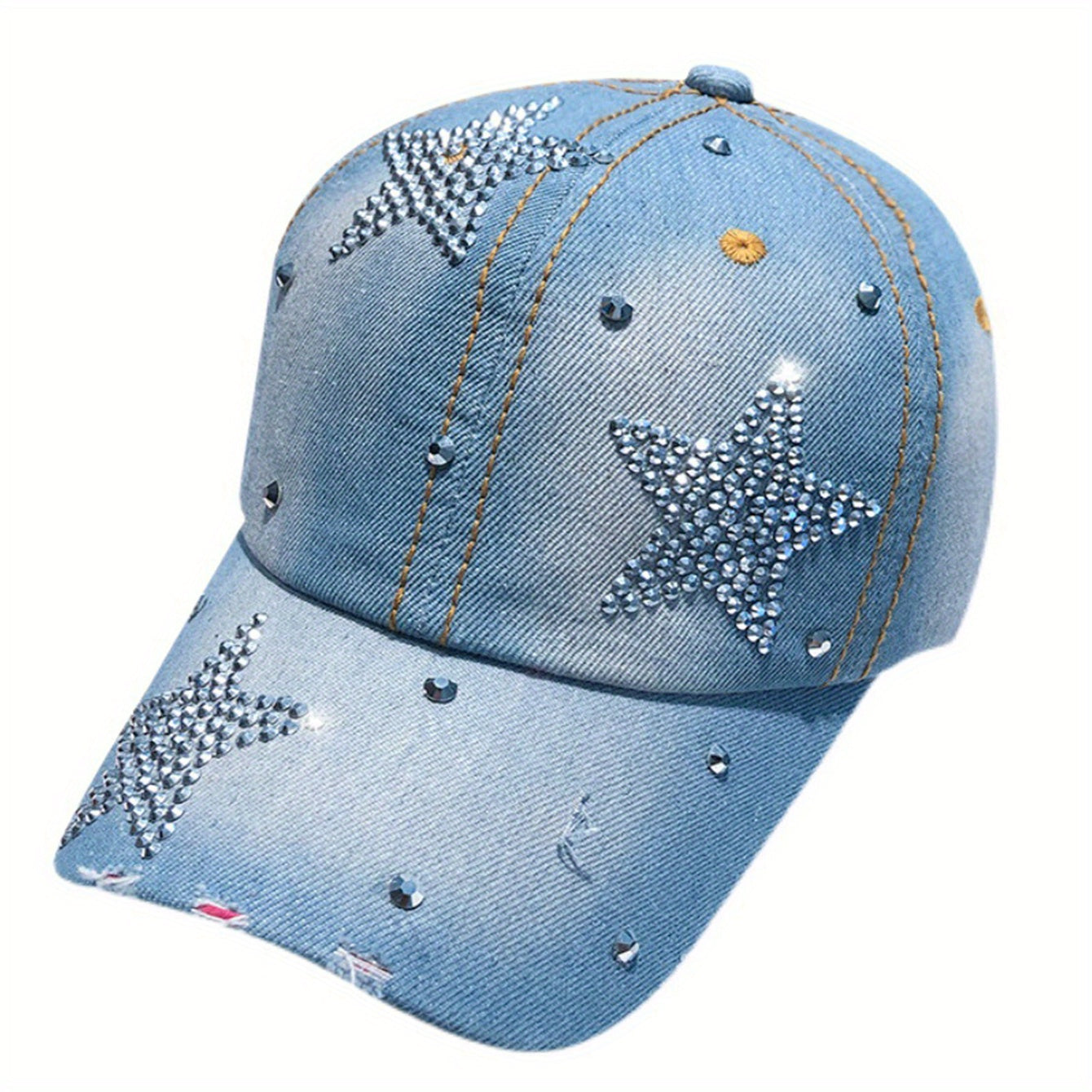Distressed Rhinestone Star Denim Baseball Cap Adjustable Sun Hat