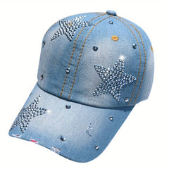 Distressed Rhinestone Star Denim Baseball Cap Adjustable Sun Hat