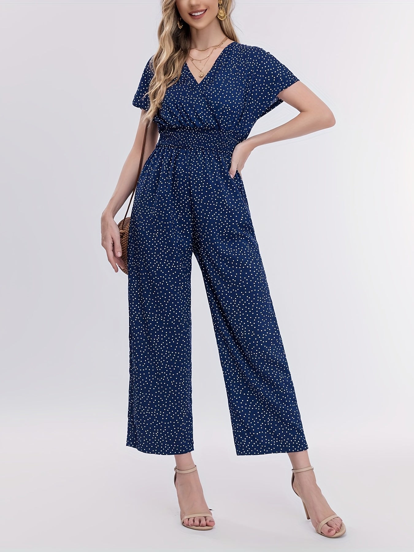 Polka Dot V Neck Jumpsuit Short Sleeve Casual Summer Women's Clothing