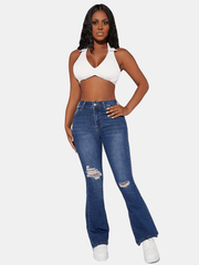 High Rise Ripped Thigh Bootcut Jeans Embossed Crotch Distressed Flare Jeans
