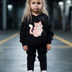 Chubby Cat Print Hoodies Pants Set For Kids Spring Fall Sports