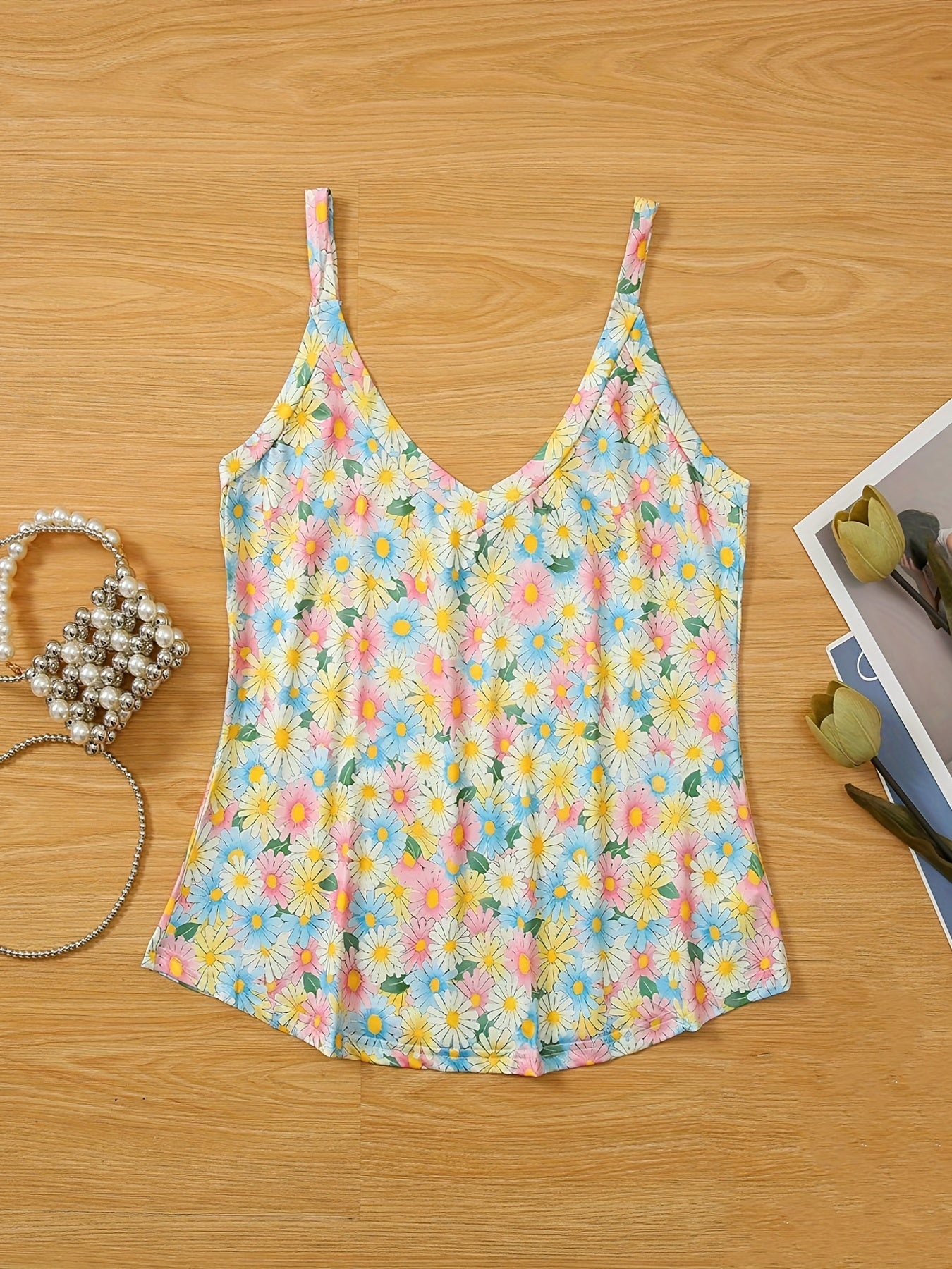 Floral Print Spaghetti Top Backless V neck Cami Top