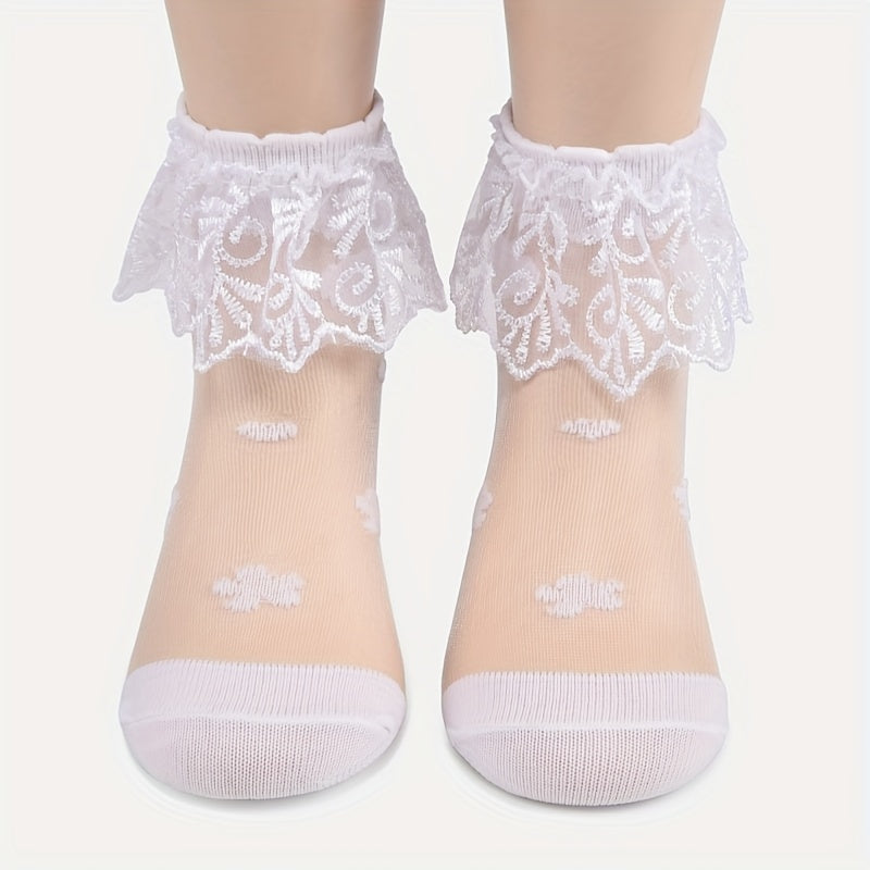 3Pairs Girls Mesh Lace Ruffle Tube Socks - Princess Crystal Breathable Socks