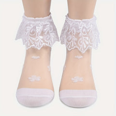 3Pairs Girls Mesh Lace Ruffle Tube Socks - Princess Crystal Breathable Socks