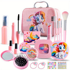 Kids Pink Unicorn Makeup Kit with Case Plastic Role Play Cosmetic Set for Girls